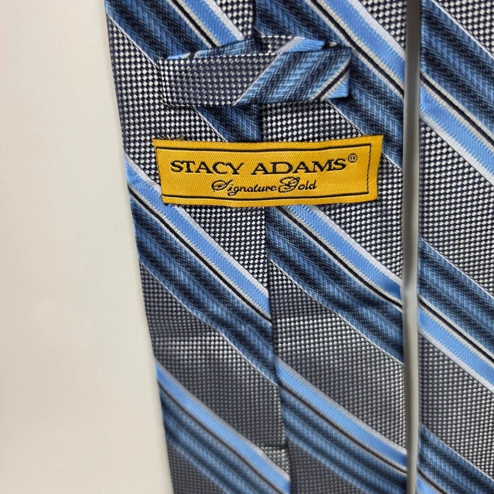 Stacy Adams Signature Gold Mens Blue Grey Striped‎ Silk Blend Necktie Tie